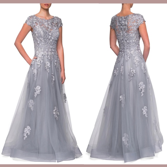 NWT $619 La Femme [‎ 20 R ] Embellished Mesh A-Line Ball Gown in Silver - Picture 1 of 13